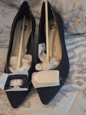 Anne Klein Navy Pointed-Toe Flats with Decorative Buckle
